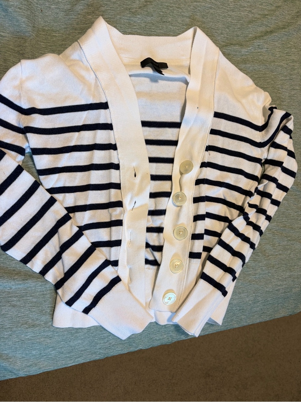 J. Crew Women's White and Navy Striped Button Cardigan
